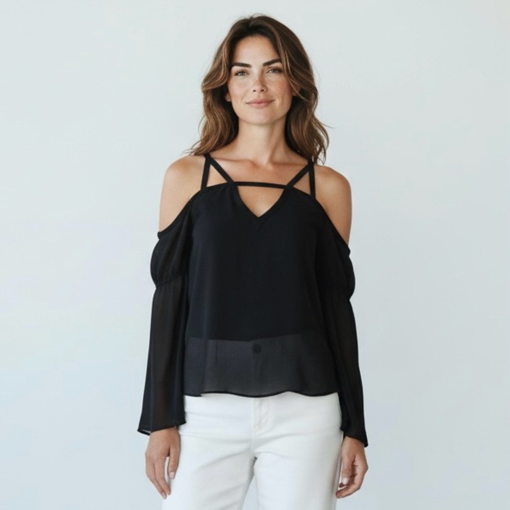 4/$40 Naked Zebra Black Off Shoulder Spaghetti Strap Long Sleeve Flare Blouse